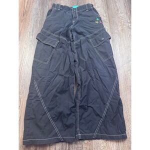 A-Lab Black Wide Leg Cargo Pants Contrast Stitch Star Embroidery XS Rave